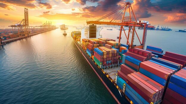 logistics container cargo ship transportation with working crane bridge in deep sea for import export photo